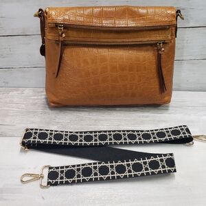 Margot Leather Crocodile Embossed Crossbody Bag Double Zip Fold Over READ